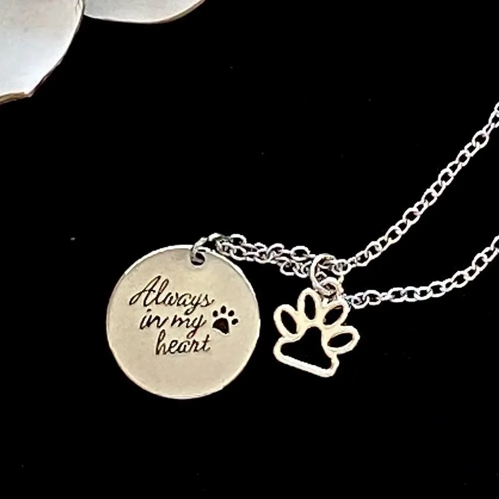 Dog Always In My Heart Paw Print Silver Plated Charm Necklace NWT